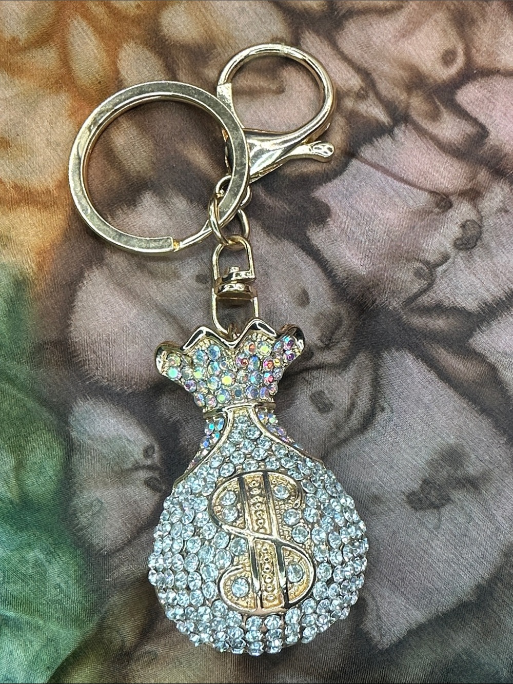 Gold-Tone Crystal Money Bag Keychain - Clear Multi-Color Crystals
